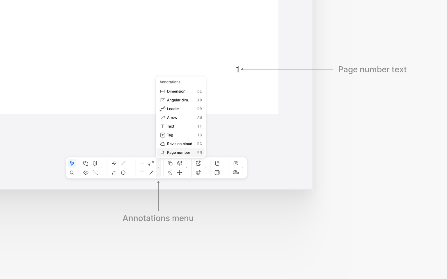The Page number command in the toolbar's Annotations menu, and the number placed at the page's bottom-right corner