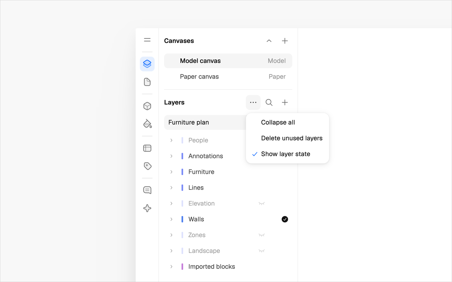 The Layer panel from the app's top-left corner: the Canvases section, the Layers section with its menu open and Show layer state checked, the Layer state dropdown under the header reading Furniture plan, and the layers the state hides marked in the list
