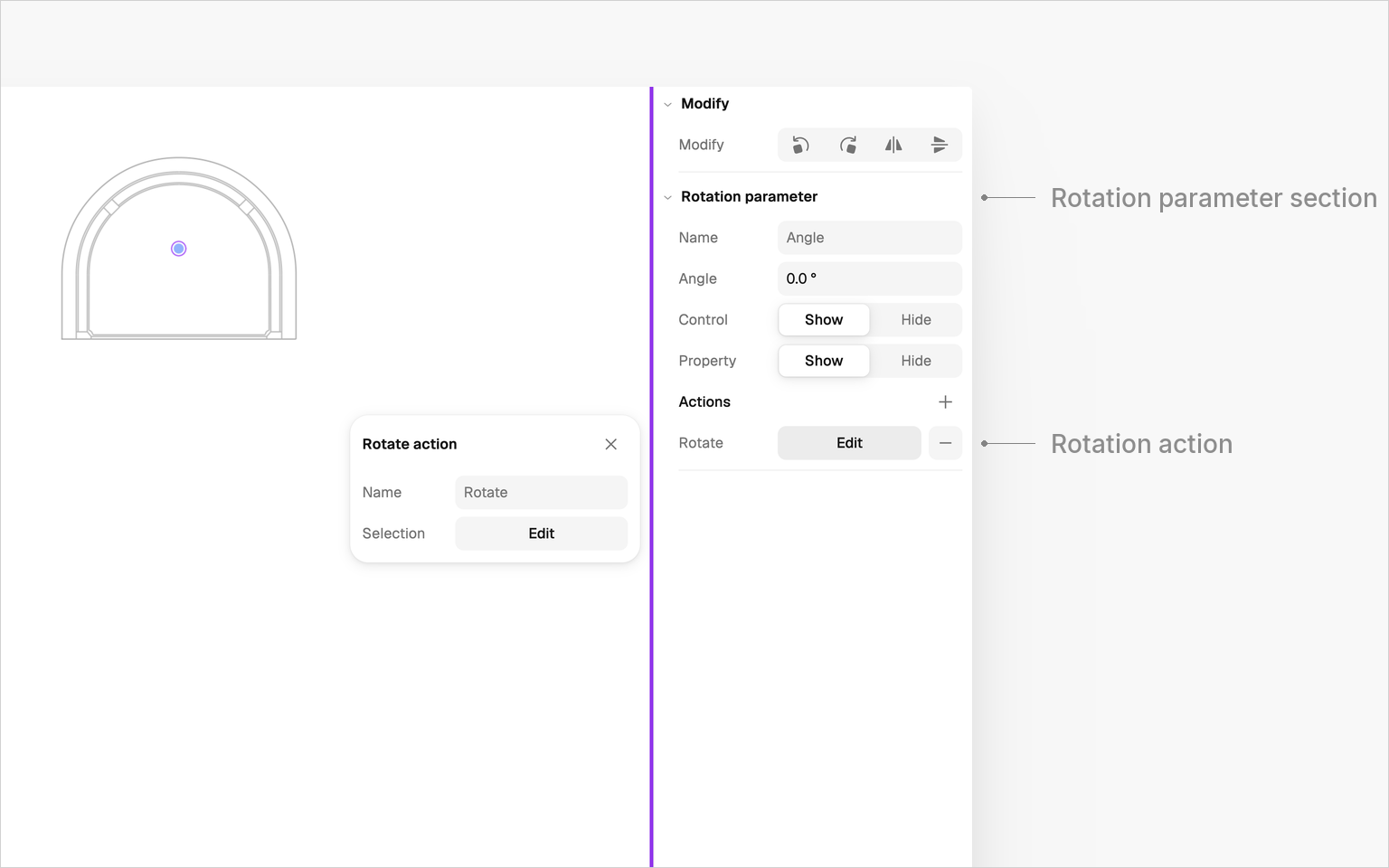 The Rotation parameter section of the right panel with its Rotation action, the Rotate action popover open beside it; the block with its rotation grip on the canvas