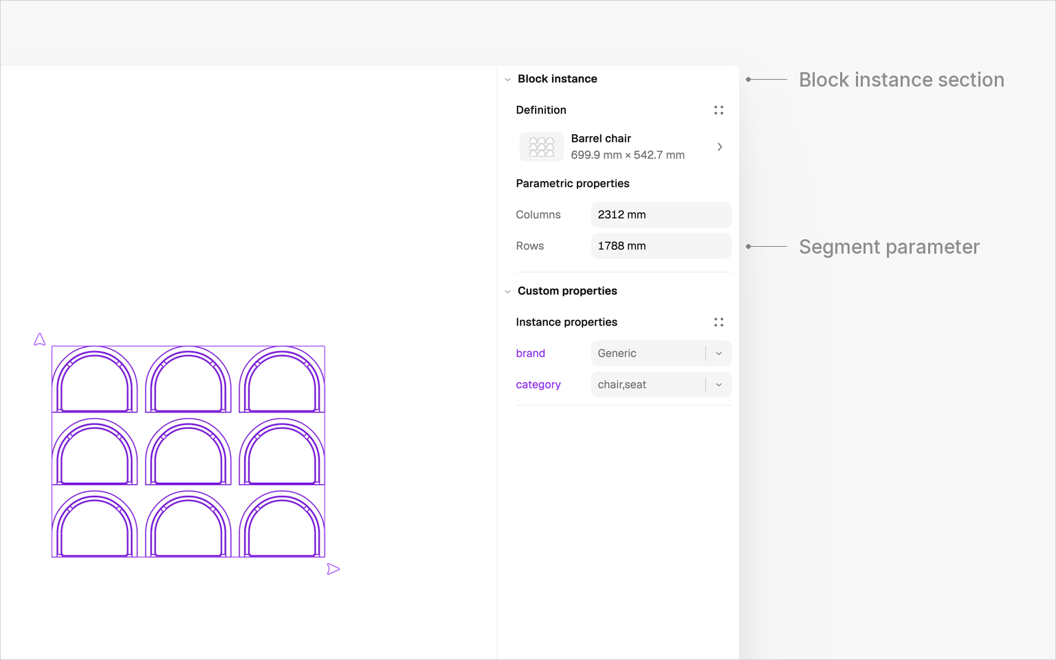 A placed block instance paved three by three by two Array actions, its Block instance section showing the two Segment parameters, Columns and Rows
