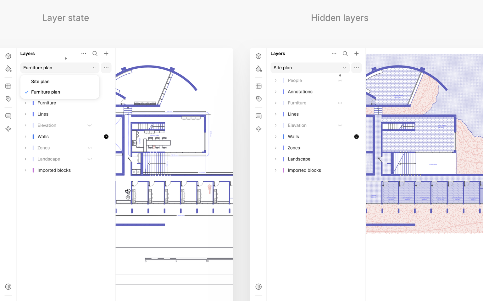 The Layers section twice, side by side: Furniture plan applied with the Layer state dropdown open on the two states, then Site plan applied; the hidden layers marked in each list and the plan beside them changed